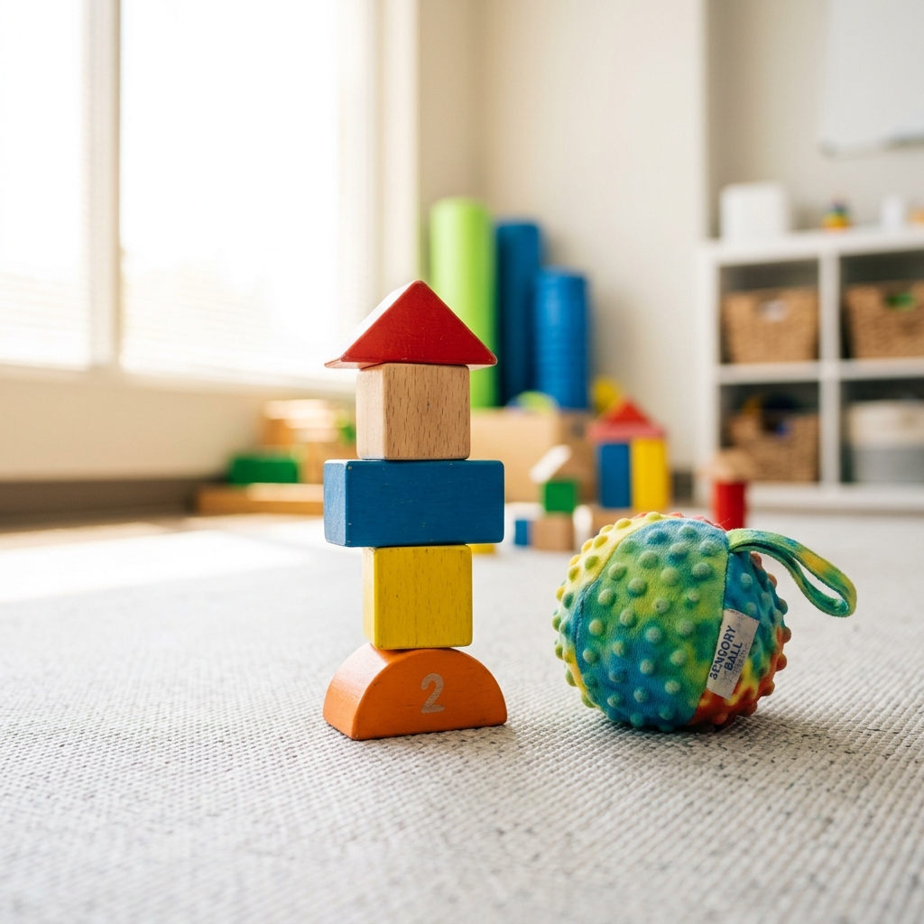 Therapy toys on a clinic mat